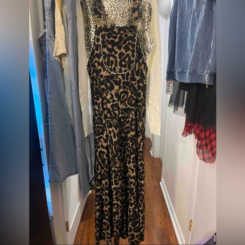 Leopard Print Pocket Wide Leg Bib Overalls Jumpsuit - Picture 7 of 11